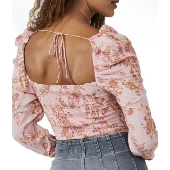 Free People Hilary Printed Top Size Small Pink Combo Smocked Back Blouse NWT $98 - Picture 2 of 11